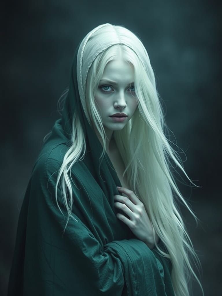 Albino Woman in Green Robe Under Pale Moon