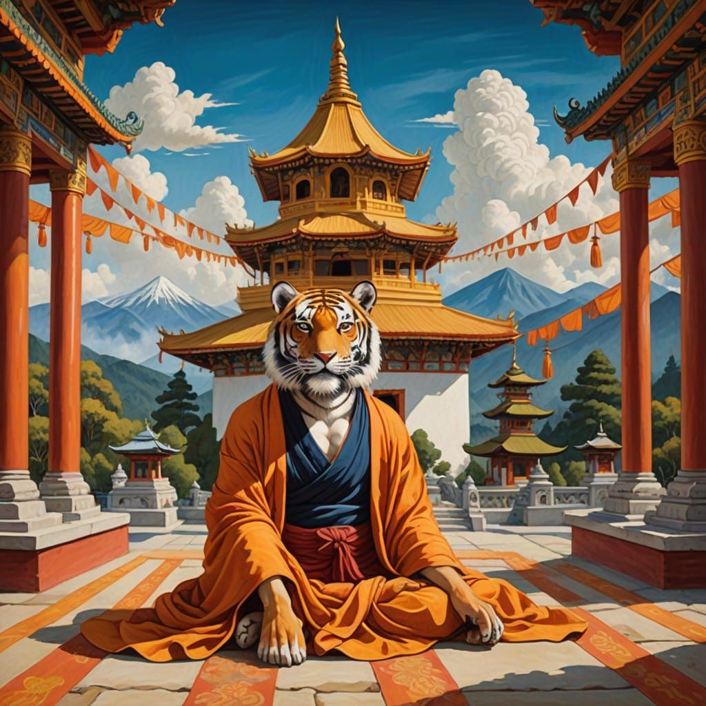 Tiger Walks through Buddhist Temple in Serene Asian Landscap...