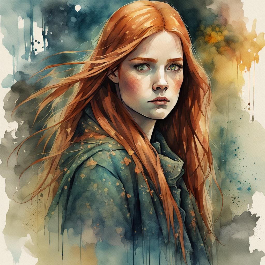 Ginny Weasley Watercolor Illustration in Art Nouveau Style