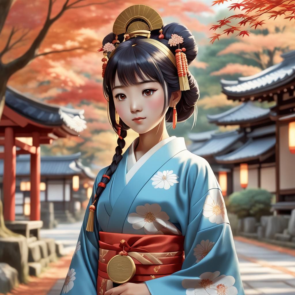 Ethereal Shinto Priestess Enchants Autumn Festival with Trad...
