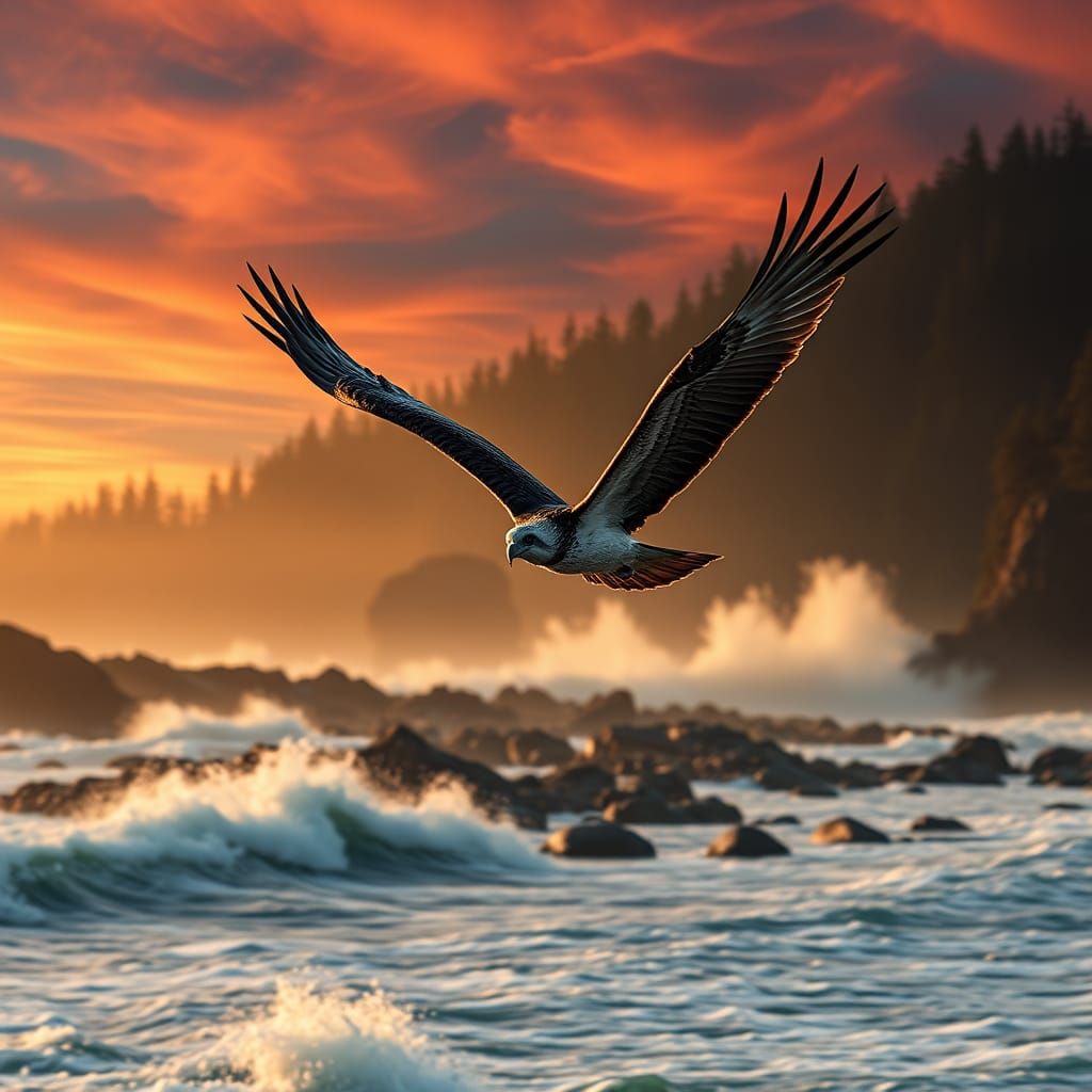 Osprey Soaring Over Oregon Coast at Sunset