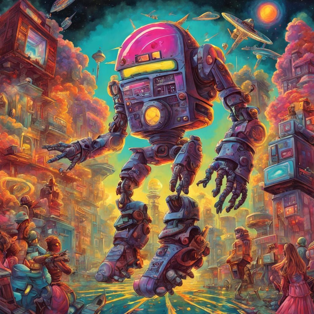 Psychedelic Robot Hippies Dance in Vibrant Deadhead Art