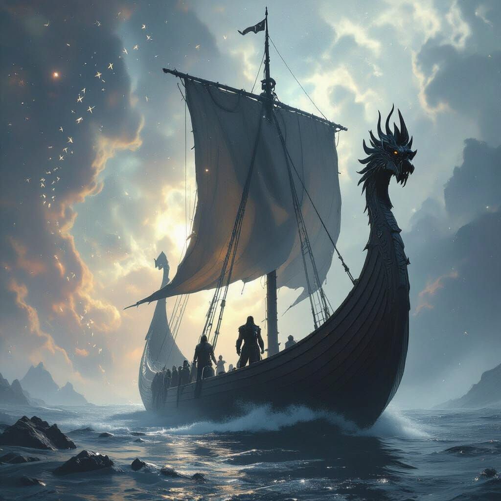 Cosmic Viking Longship Sailing Through Nebula