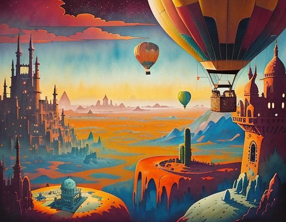 Hot Air Balloon Over Desert City, Anime Style