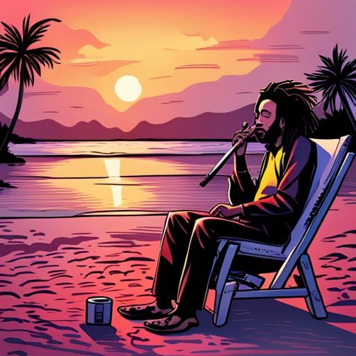 Bob Marley on a Beach at Sunset, Comic Book Art
