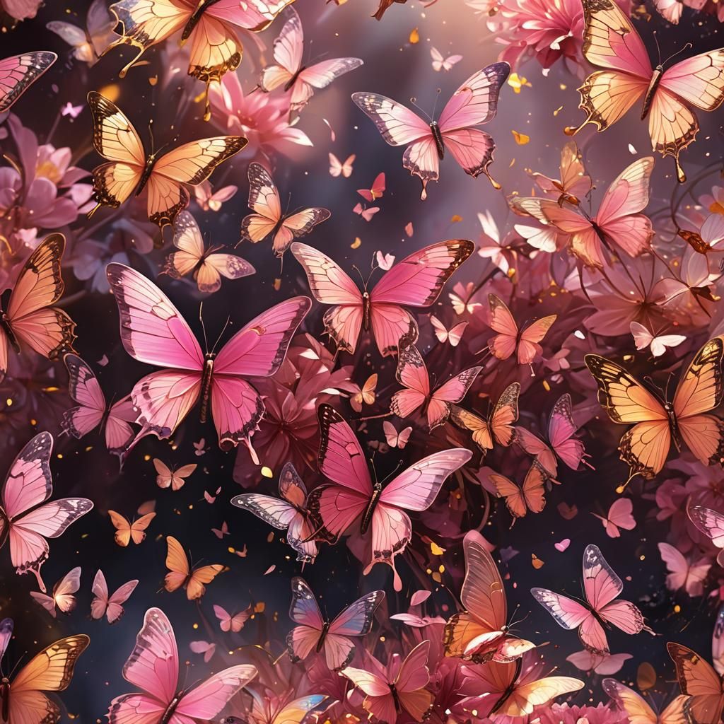Mystical Flower Surrounded by Pink Butterflies
