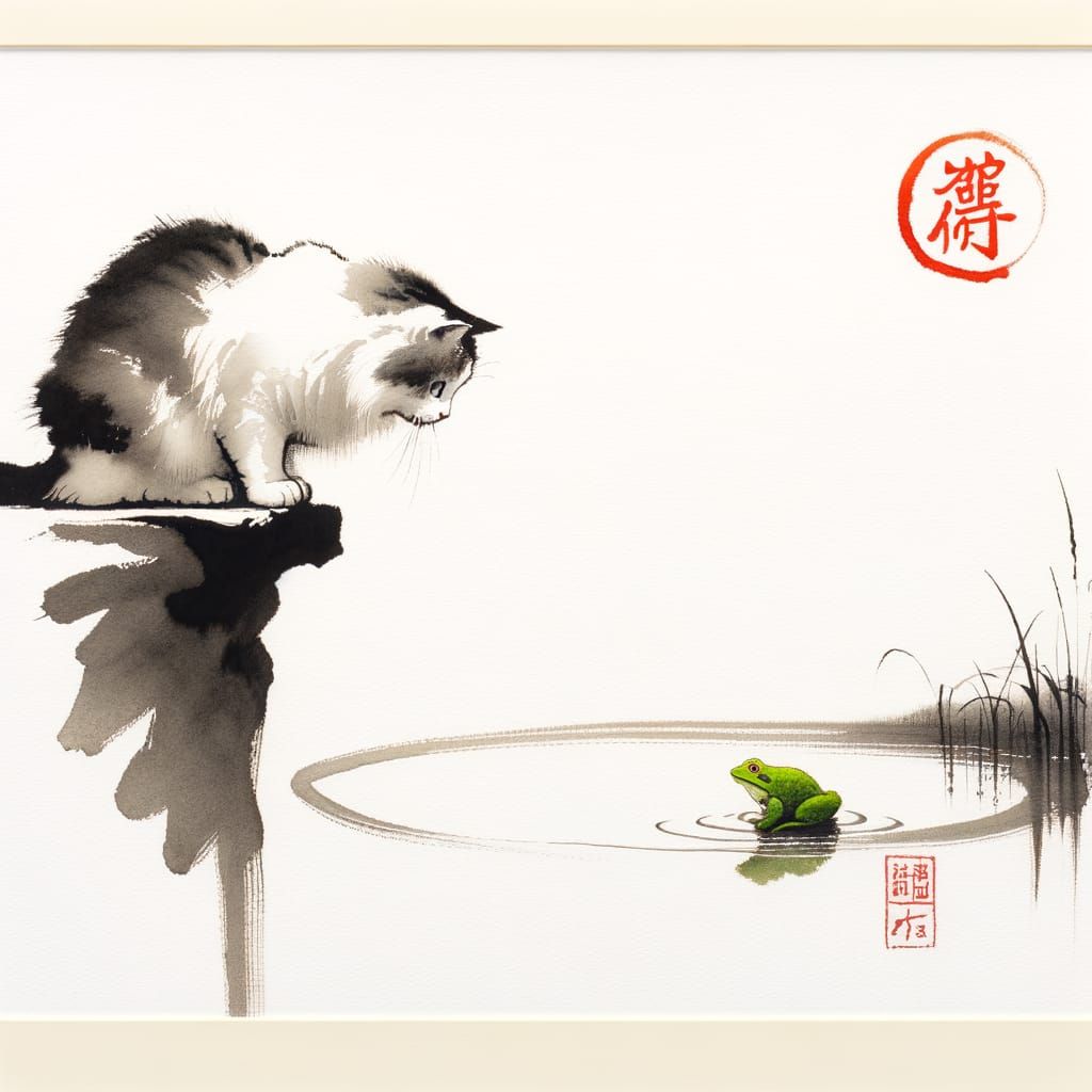 Minimalist Sumi-e Ink Painting of Cat and Frog