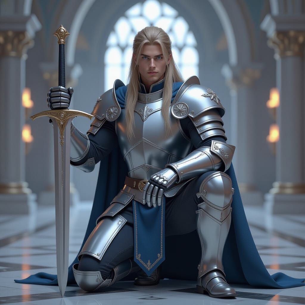 Young Knight Kneeling with Sword in 3D CGI