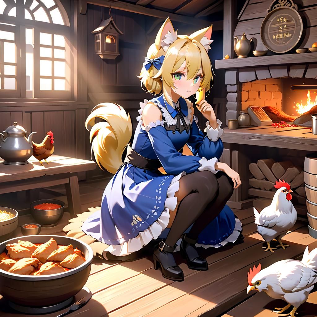 Blond Catgirl Enjoying Chicken: 3D Anime Art