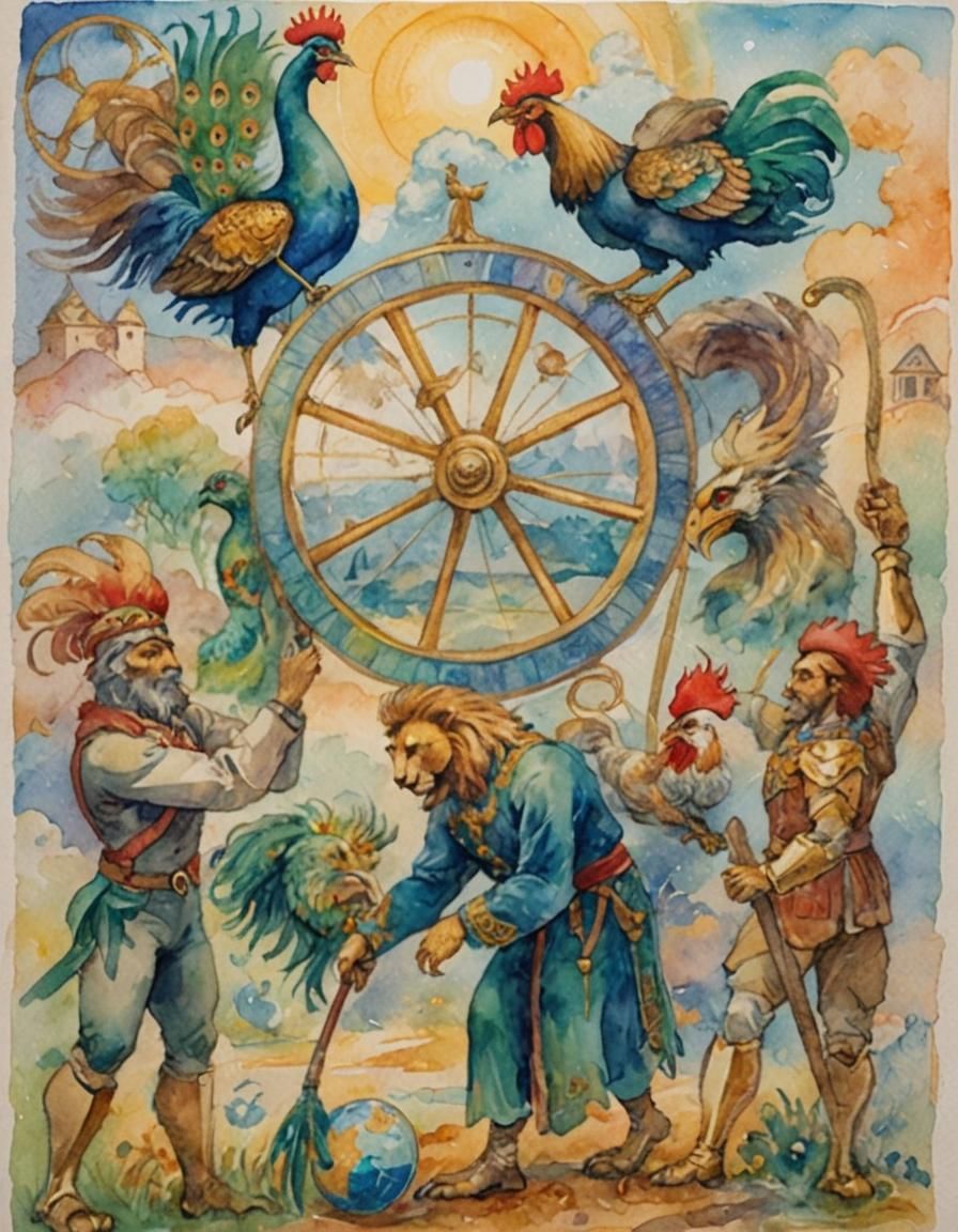Watercolor Wheel Surrounded by Animals and People