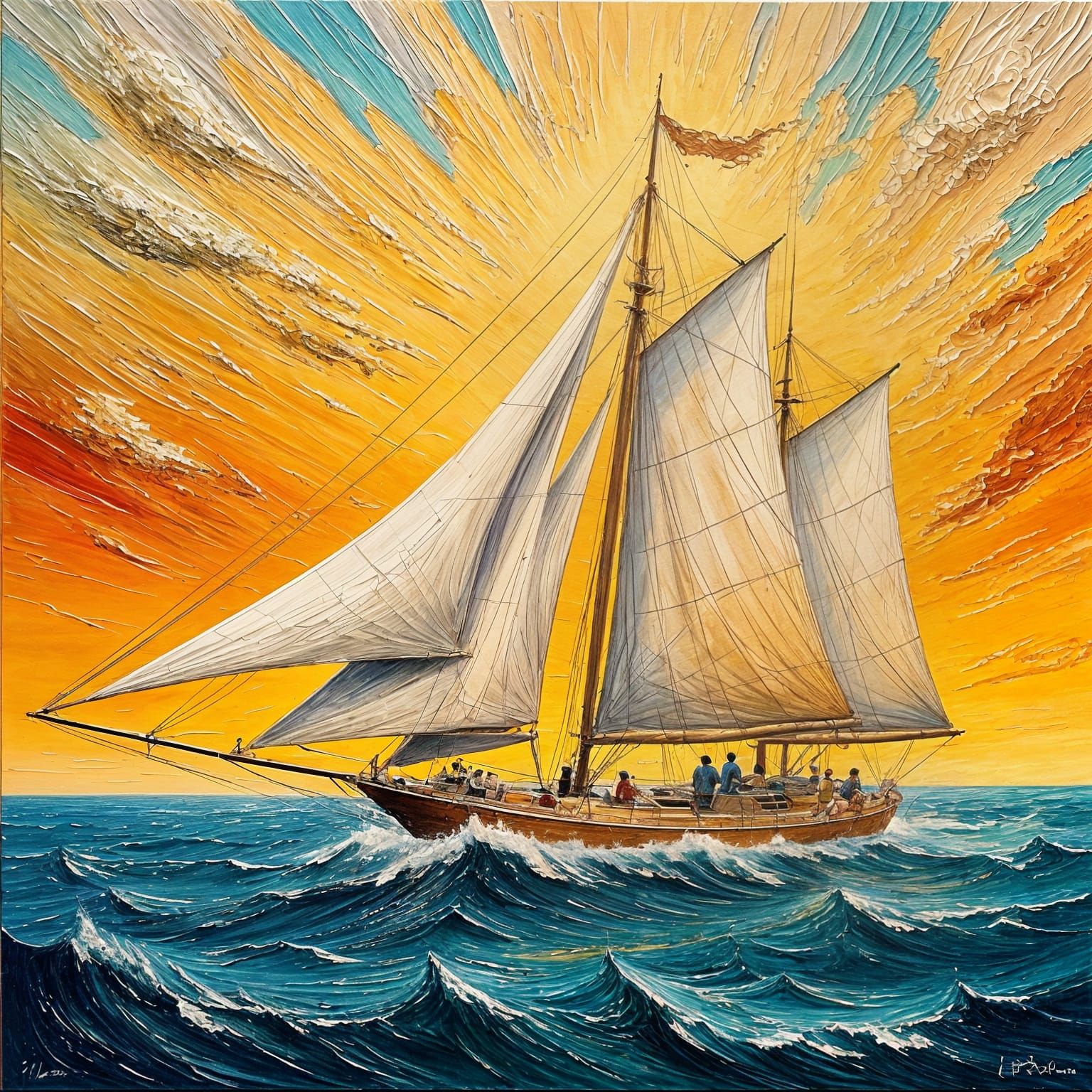 Sailboat at Sea: Impasto Oil Painting at Sunset