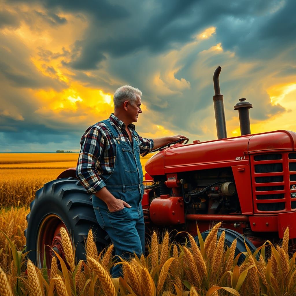 Farmer Beside Vintage Tractor Under Dramatic Autumn Sky