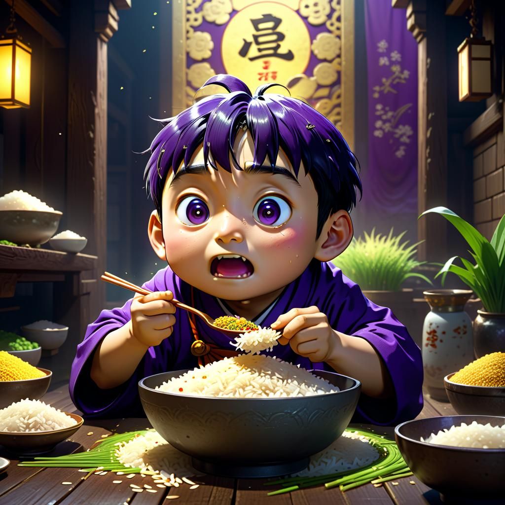 Shin-Chan Eating Rice in Dark Fantasy Style