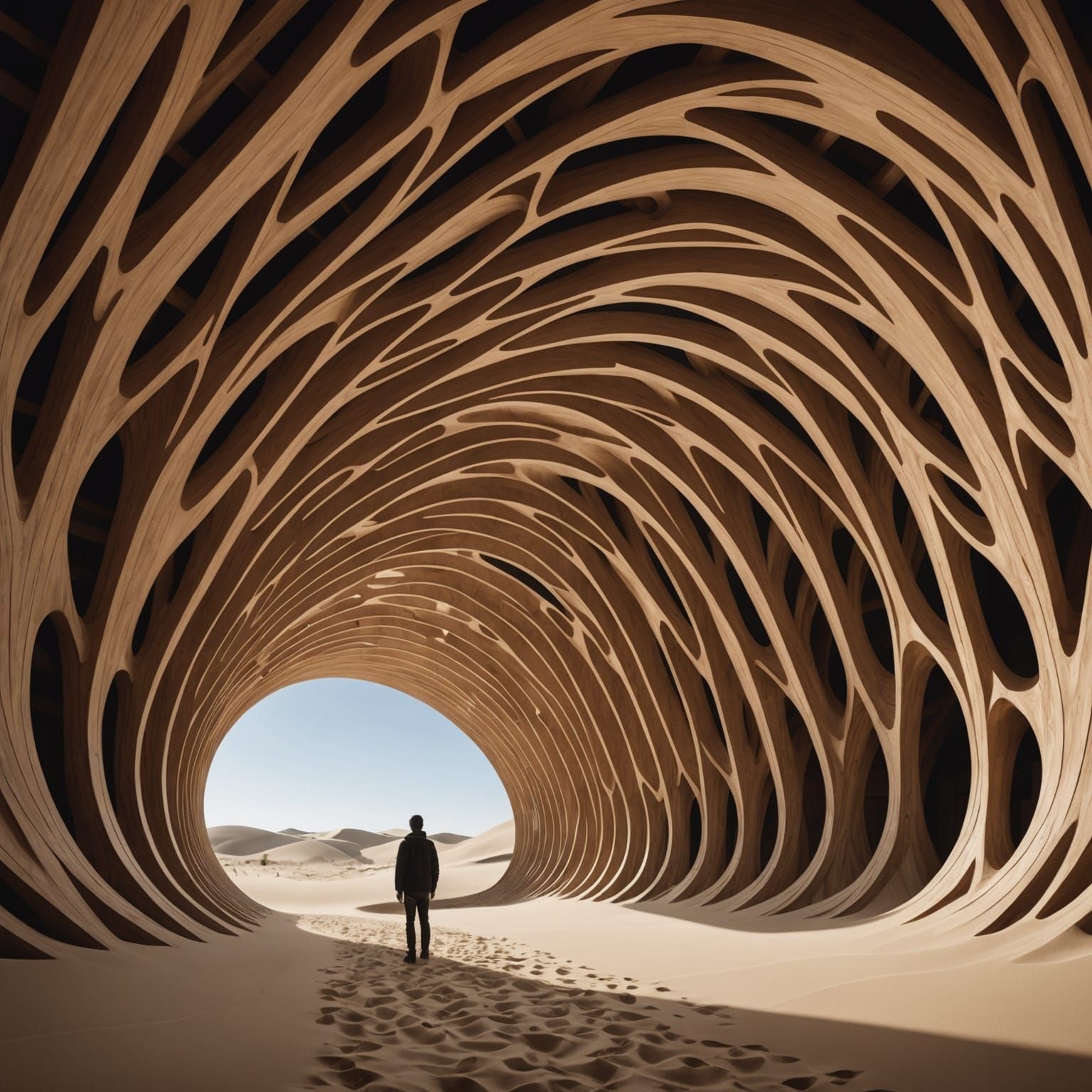 Fractal Wave Wooden Structure in Desert Landscape
