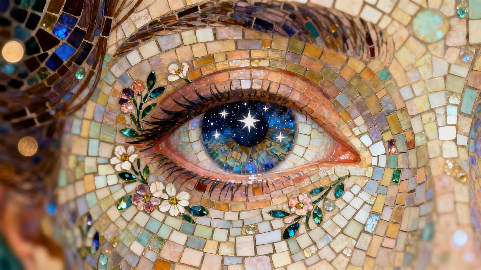 Woman's Eye Reflecting Starry Sky in Mosaic Art Style