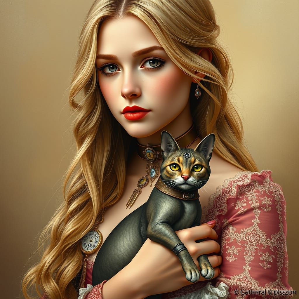 Elegant Victorian Lady with Mechanical Cat Companion