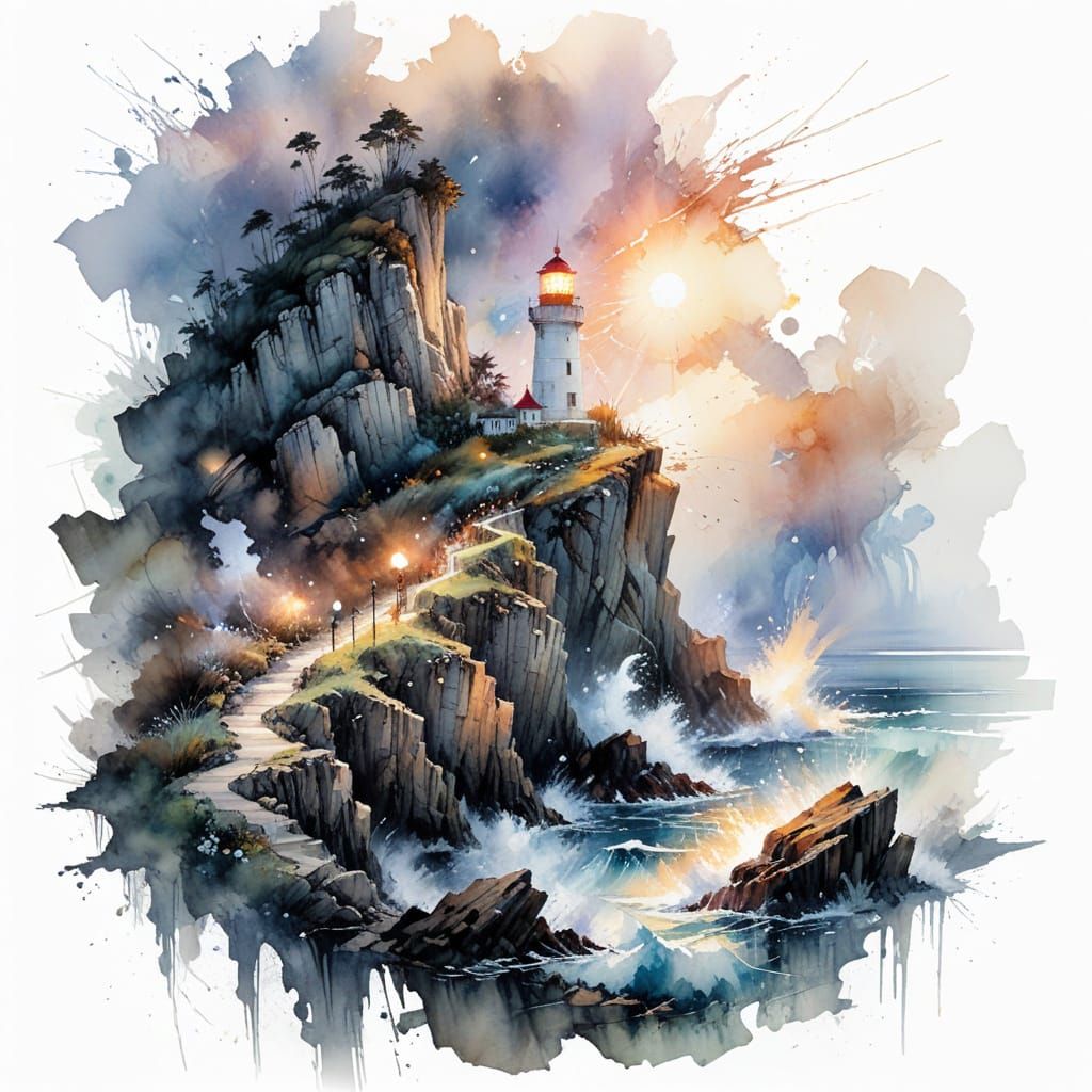 Ethereal Lighthouse Amidst Rocky Dawn Cliffs