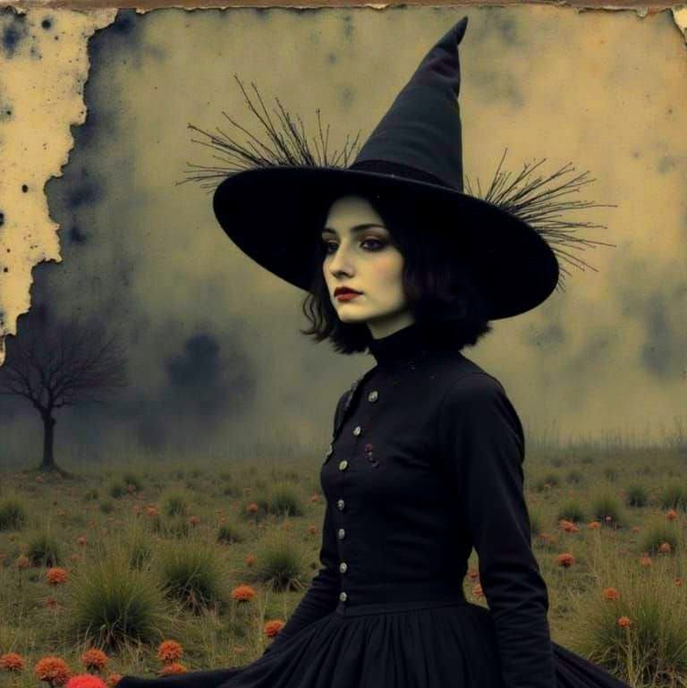 Gothic Witch Portrait in Ornate Gilded Frame