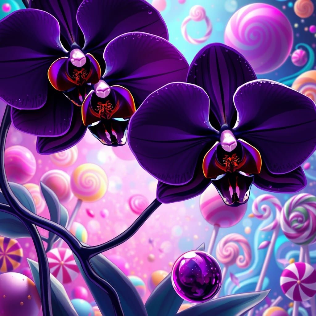 Vibrant Black Orchids in Whimsical Candy Wonderland
