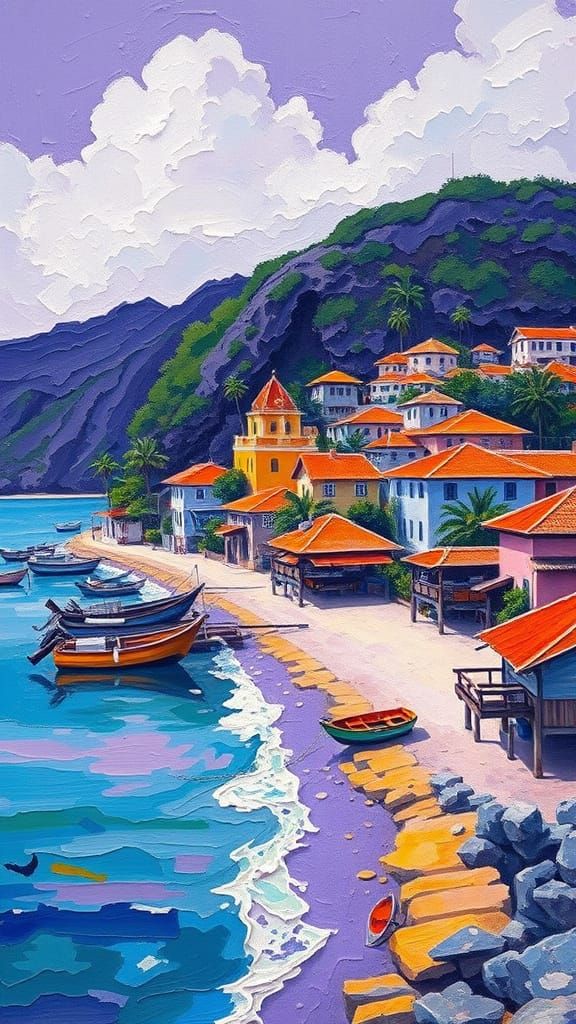 Neo-Expressionist Seaside Village in Vibrant Colors