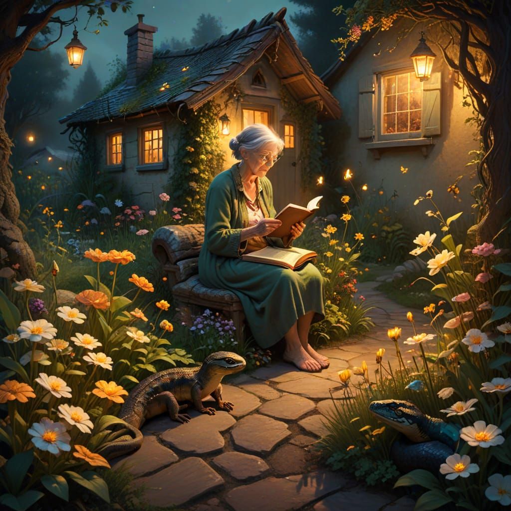 Old Woman Reading in Garden with Anaconda, Oil Painting