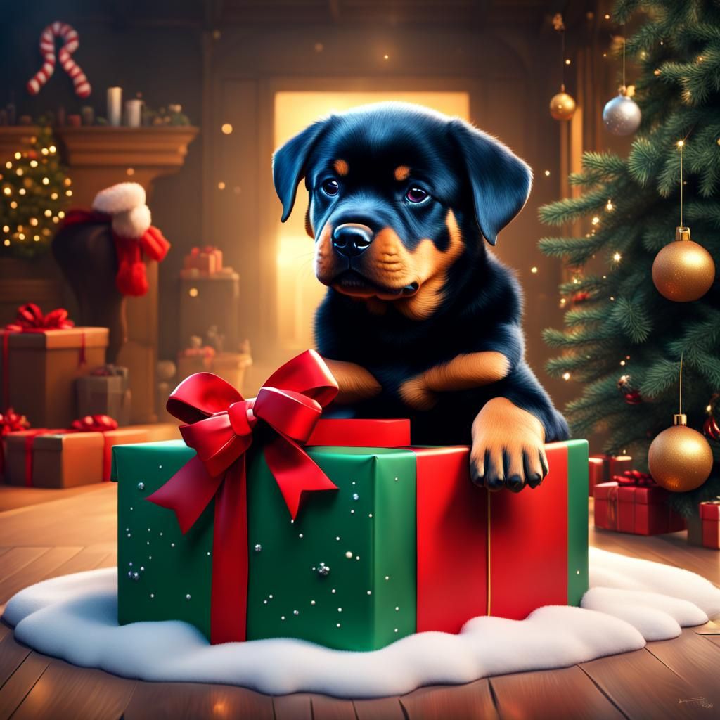 Rottweiler Puppy in Christmas Present: Detailed Matte Painti...