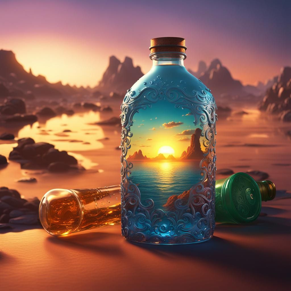 Sunrise Lit Glass Bottle: Detailed Matte Painting