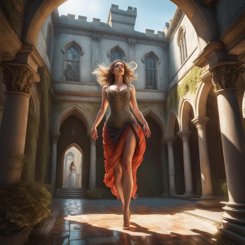 Enchanting Castle Courtyard Portrait in Art Nouveau Style