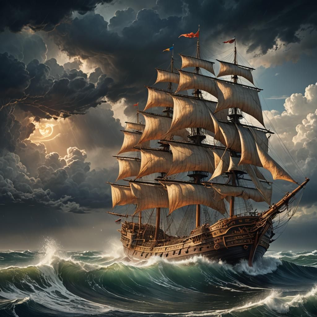 Merchant Ship Sailing Under Stormy Sky in Matte Painting