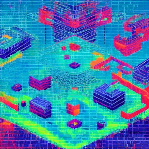 Vaporwave Coffee Reflection: Neon Cityscape with Palm Trees