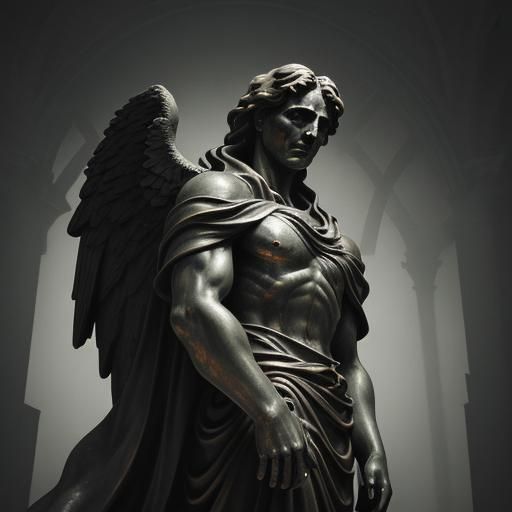 A towering, 3-meter marble statue of a somber angel with lar...