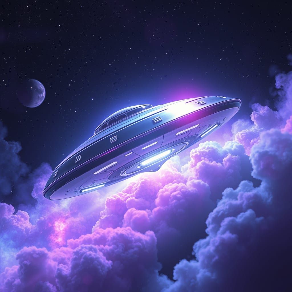 Sleek UFO Radiates Ethereal Glow in Star-Studded Galaxy