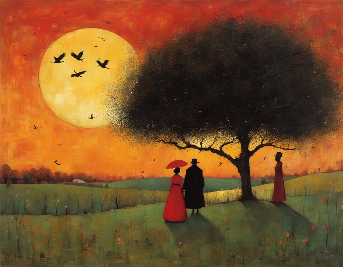 Whimsical Evening Landscape in Watercolor Style