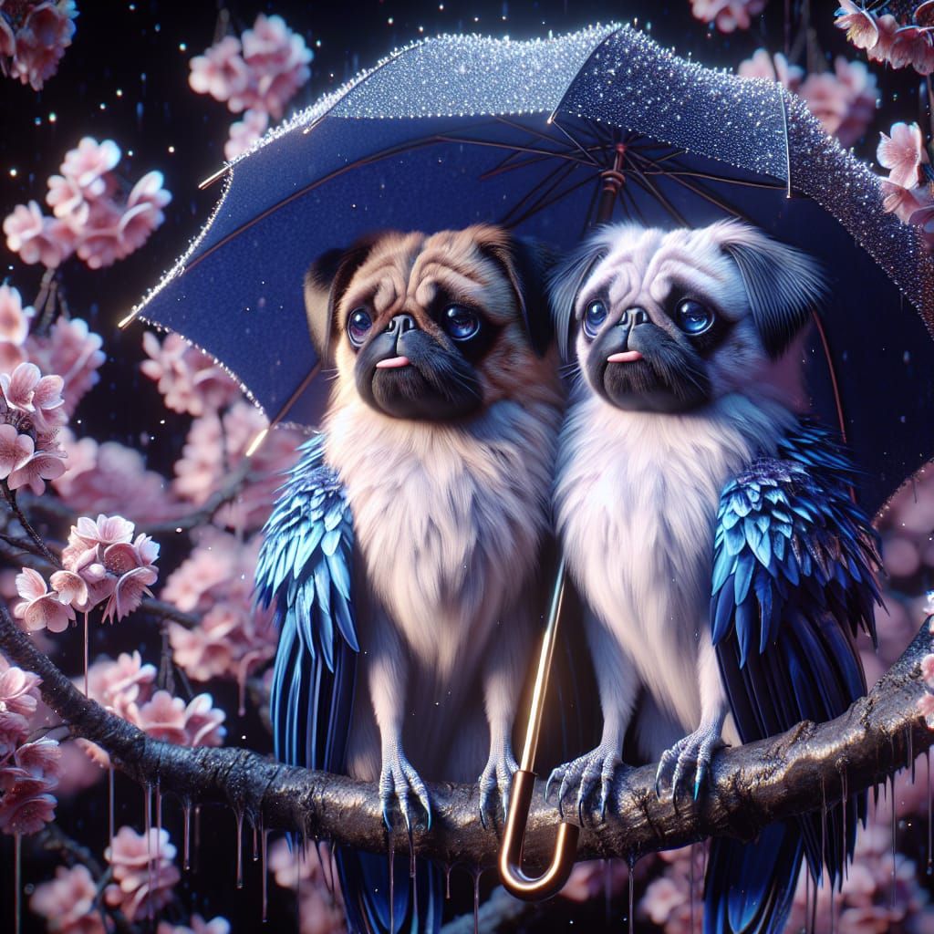 Pug-Bird Hybrids in Rain, 3D Digital Art