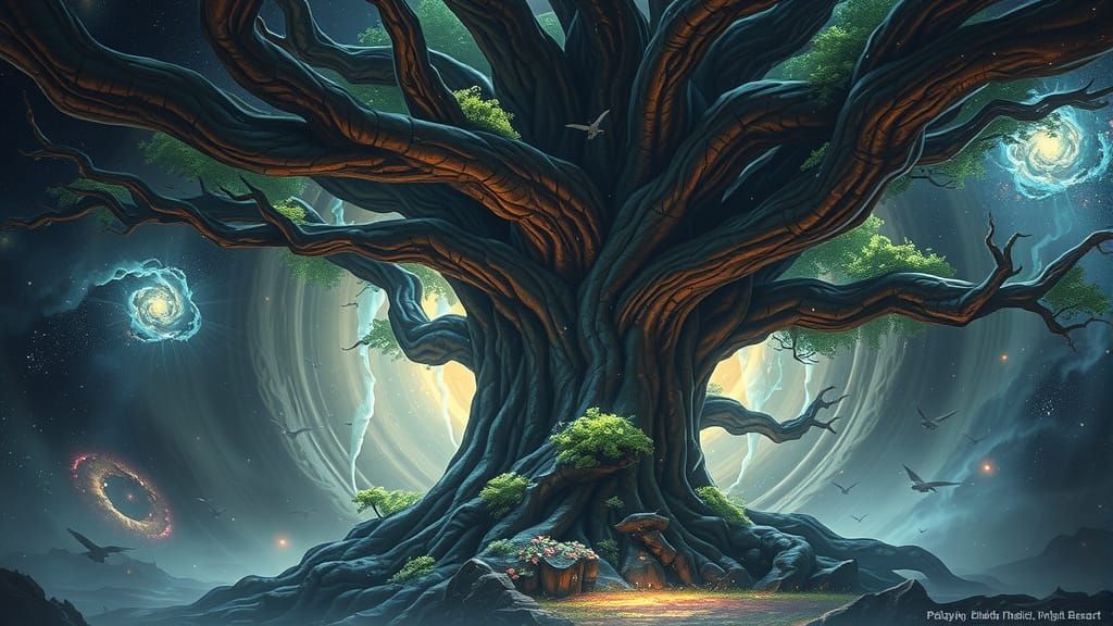 A colossal, ancient tree with roots that delve into a swirli...