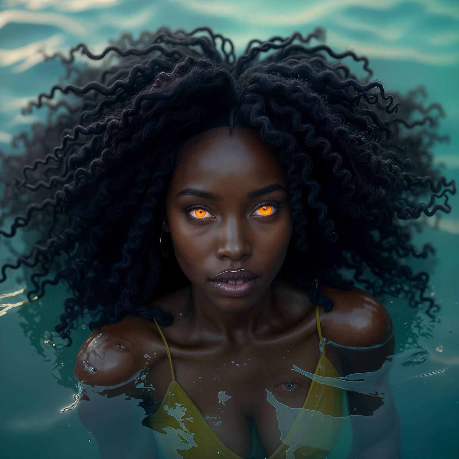 Hyperrealistic Portrait of a Black Woman Emerging from Water...