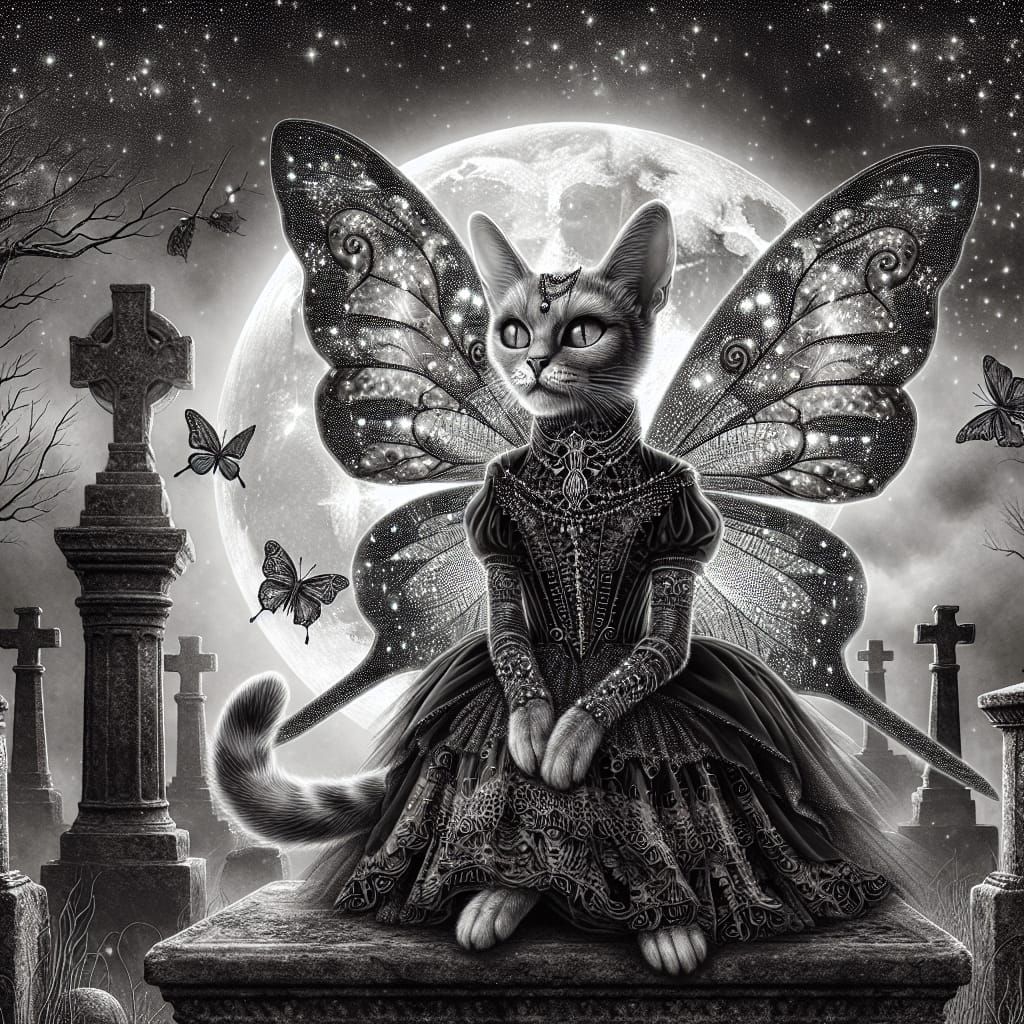 Gothic Anthropomorphic Fairy Cat Under Moonlight
