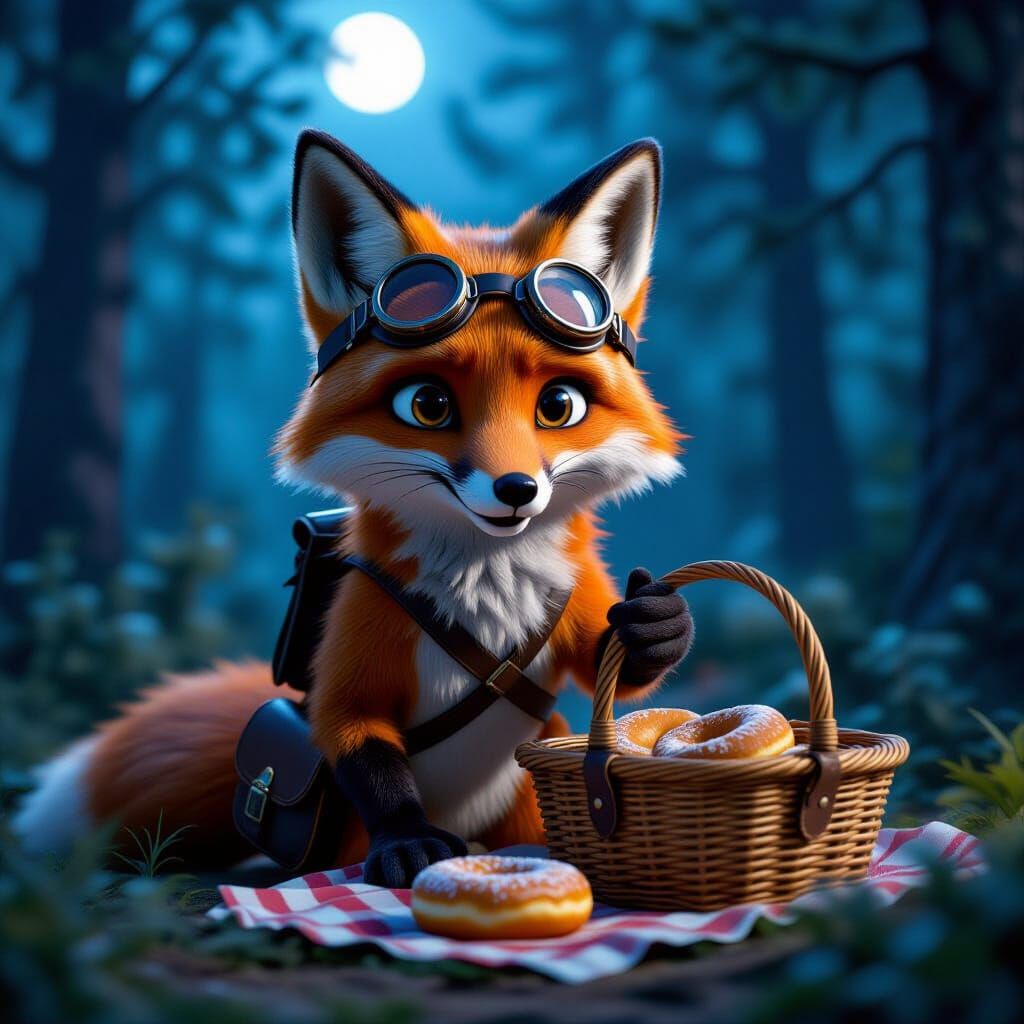 Fox Thief Steals Donut in Moonlit Forest