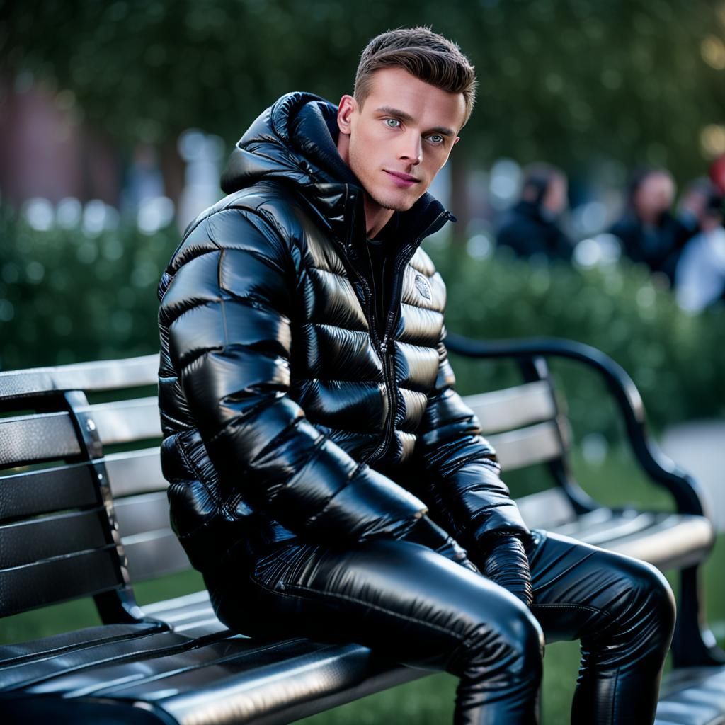 Muscular Man in Leather Trousers on Bench