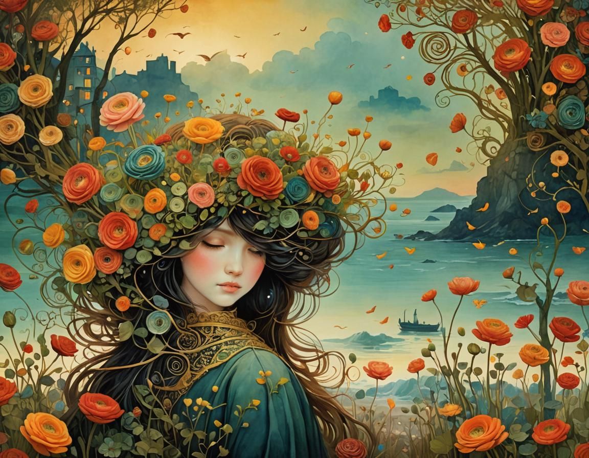 Surreal Seaside Ranunculus Garden in Watercolor