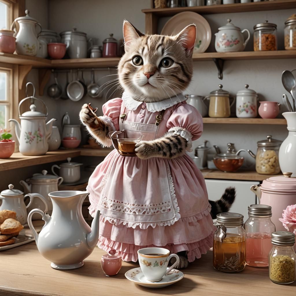 Charming Cat Brews Tea in Beatrix Potter Style