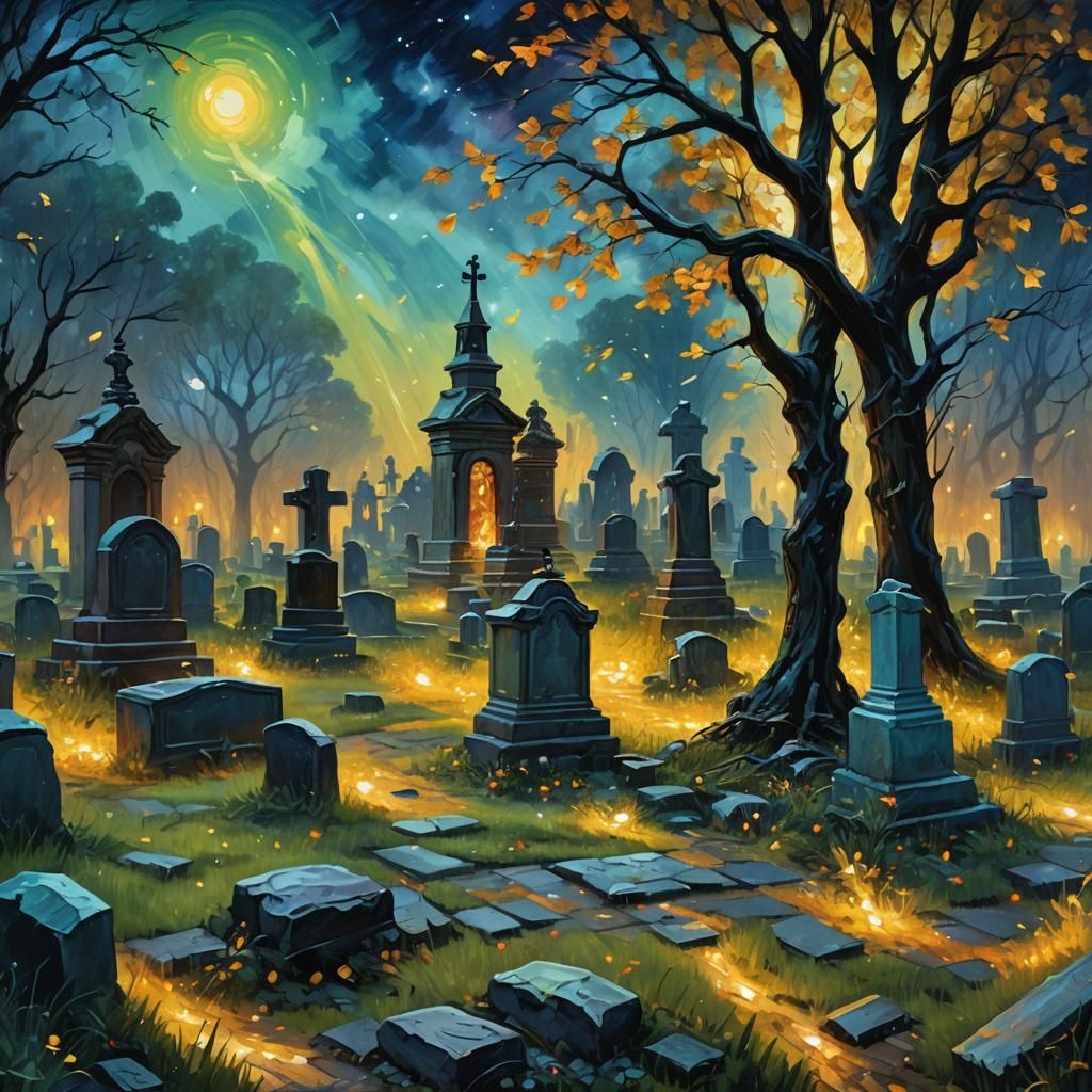 Fireflies Dance in Old Cemetery, Neo-Impressionist Oil Paint...