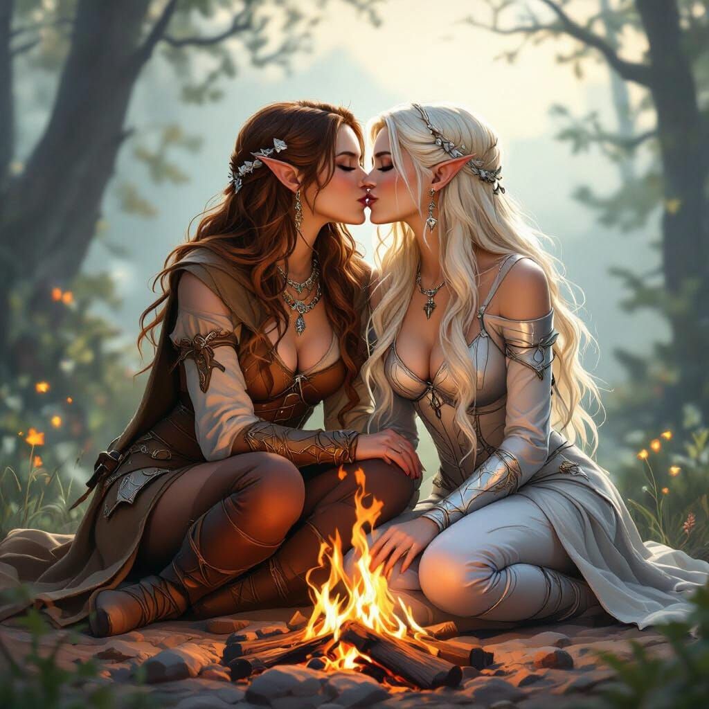 Fantasy Adventurer Women Share a Kiss by Campfire