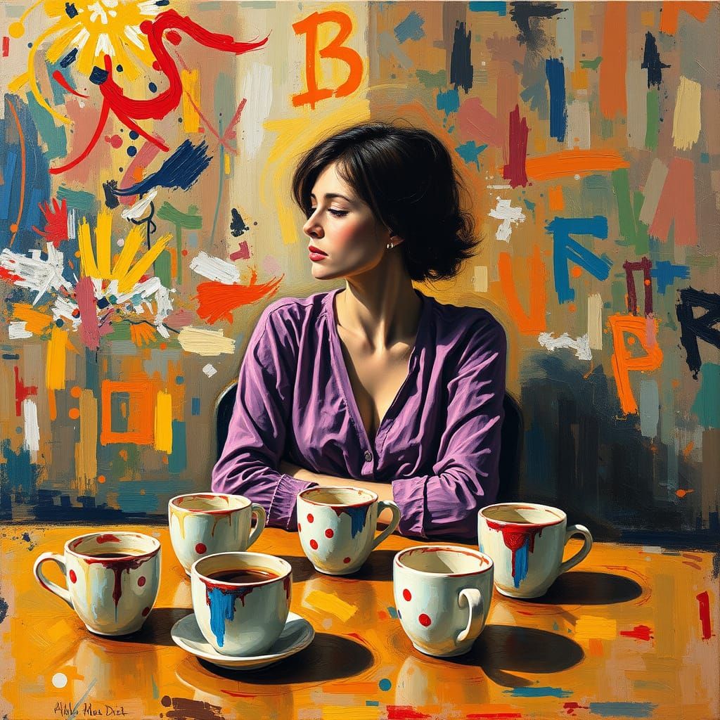 Woman with Coffee in Expressionist Painting Style