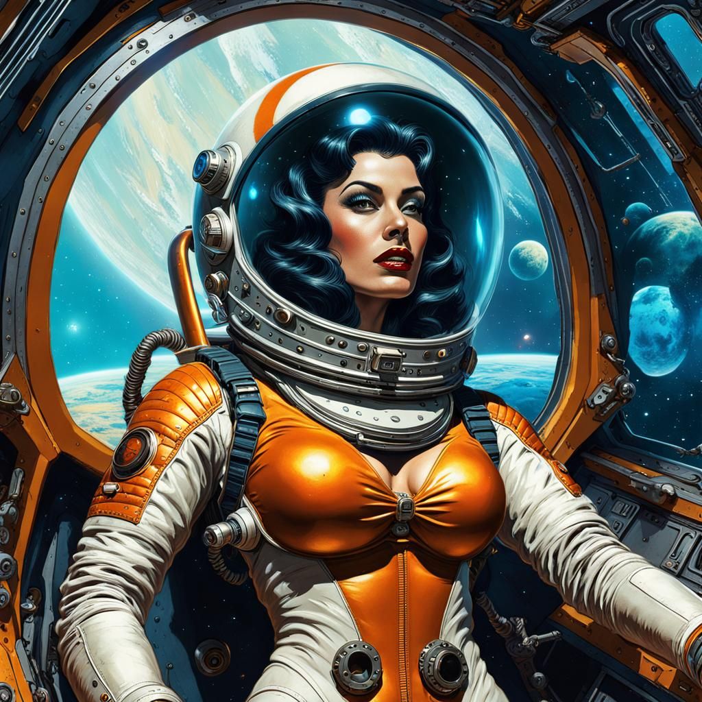 Retro Sci-Fi Pin-Up in Spaceship Interior
