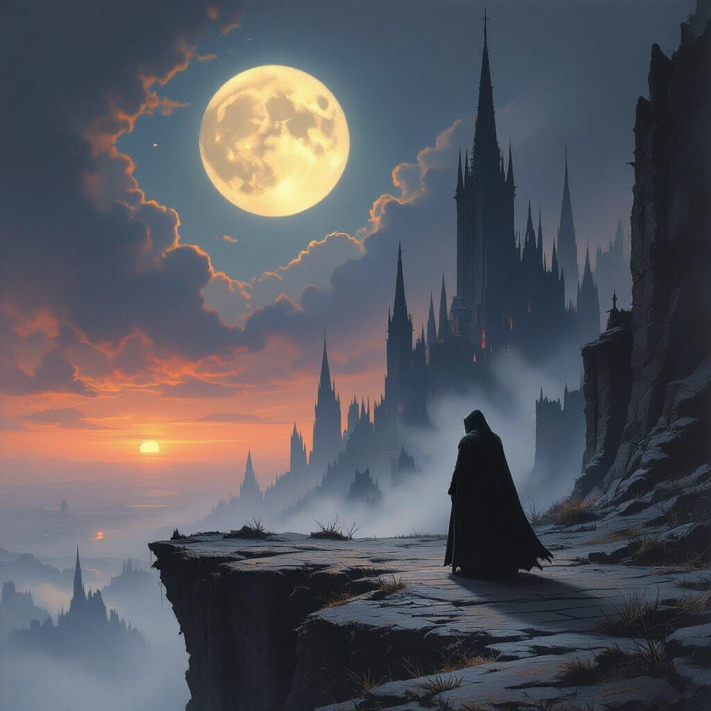 Gothic Landscape with Cloaked Figure Under Moonlit Sky
