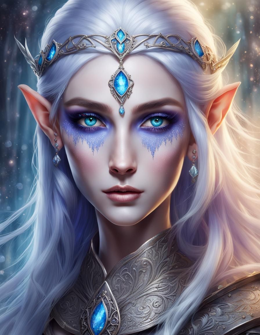 Elegant Blue-Eyed Elf Queen in Anime Style
