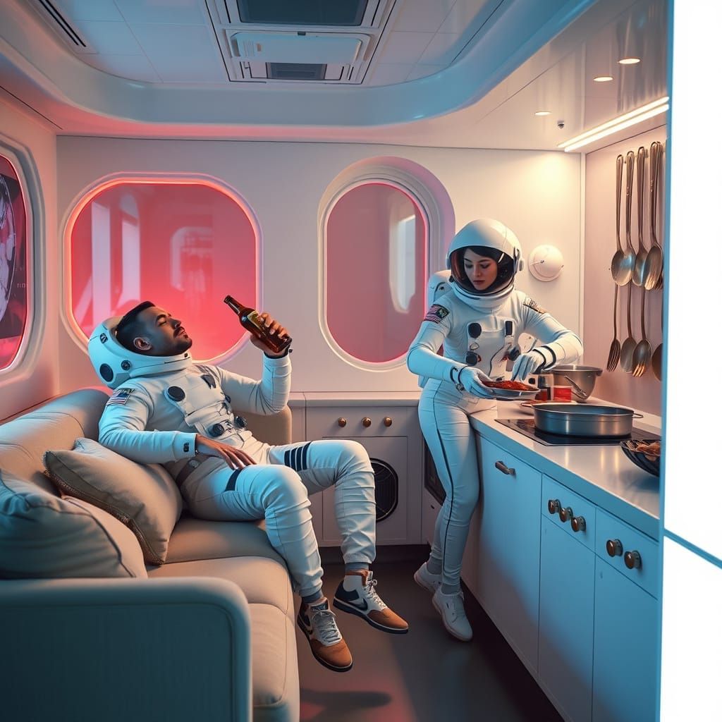 Astronaut woman in space suit cooking in the kitchen in space.