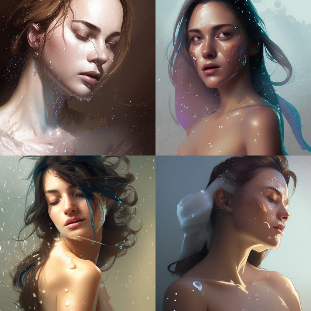 Detailed Portrait of Woman Showering in Digital Art Style