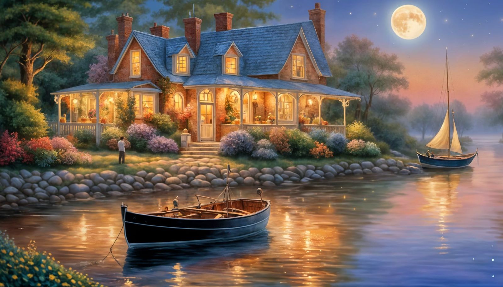 Cozy Coastal Village Under Luminous Moonlight